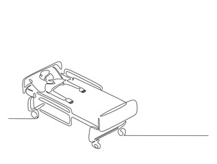 Continuous line art drawing of hospital patient in ward. Person lying in hospital bed line art drawing vector illustration. Editable stroke.