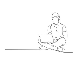 Continuous line art drawing of a man sitting on the floor and working on a laptop. Person working on a laptop, freelance,remote work,study in line art drawing vector illustration. Editable stroke.