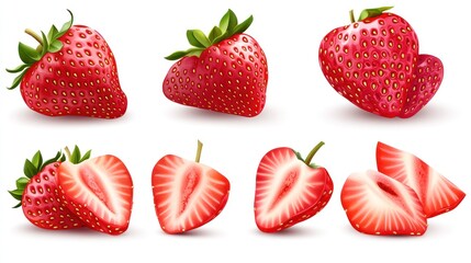 Juicy ripe strawberries, whole and sliced, isolated on white, for food packaging