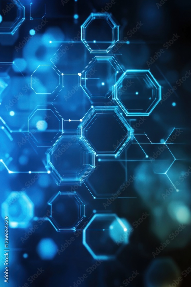 Poster abstract digital background featuring interconnected hexagons and glowing particles, creating a futu
