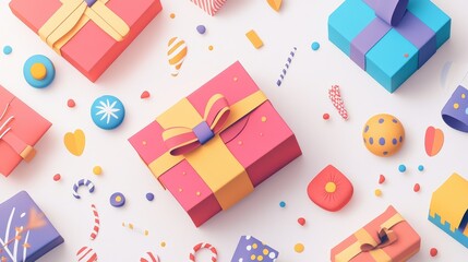 Custom packaging flat design top view personalized gifts theme cartoon drawing Triadic Color Scheme.