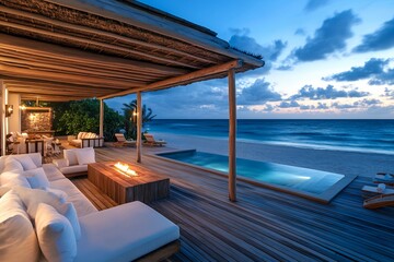 Fototapeta premium ビーチフロントのラグジュアリーラウンジとサンセット | Luxury Beachfront Lounge with Sunset View