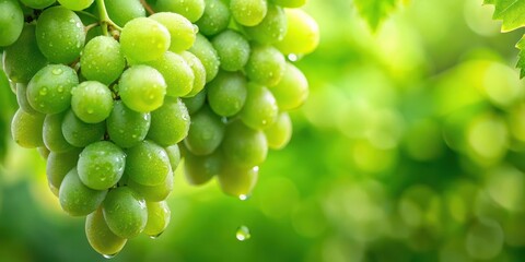 Close-up of vibrant green grape bunch with water droplets on a blurred background, fruit close-up, still life photography