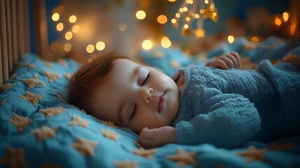 Peaceful nursery scene with a sleeping baby resting in a cozy crib soft warm lighting a gently spinning mobile with stars above creating a dreamy and soothing atmosphere with copy space