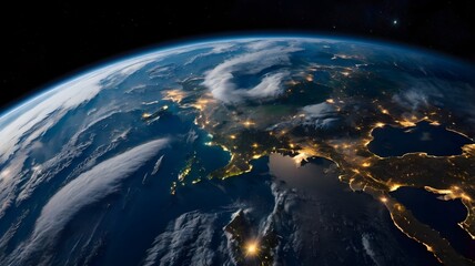 A breathtaking view of Earth from space, showcasing vibrant city lights, swirling clouds, and the beauty of our planet in the universe.

