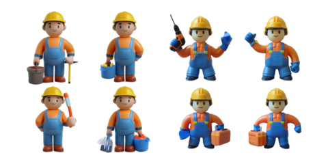 Cartoon Construction Worker Character Set, PNG collection, set bundle, isolate on transparent or white background