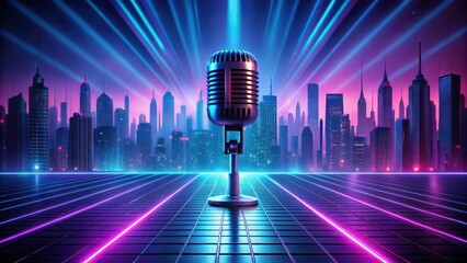A retro neon microphone emits a soft glow under dark conditions, surrounded by futuristic cityscapes and sleek technology , neon sign, dark conditions