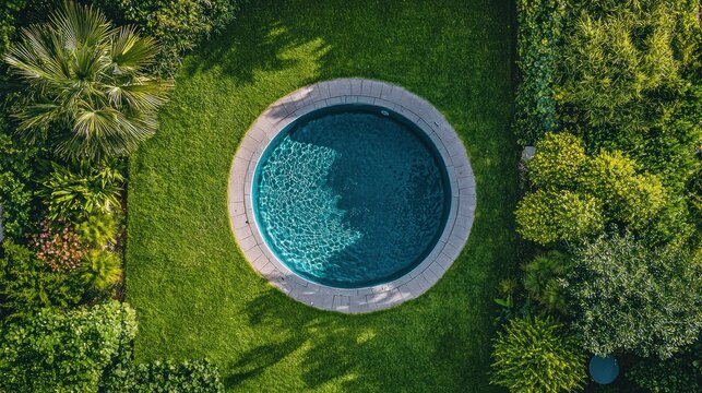 Aerial view of circular pool in lush green garden