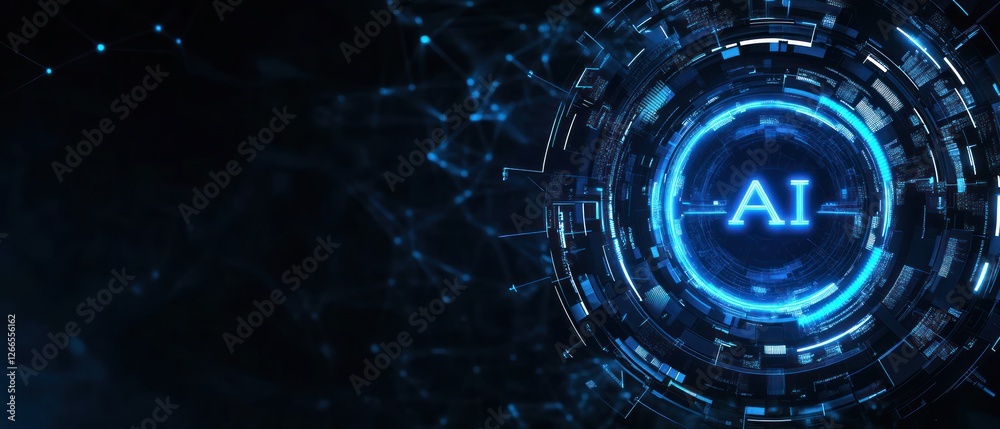 Poster futuristic digital background featuring an illuminated ai symbol surrounded by intricate blue circui