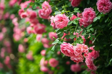 Beautiful pink roses blooming in the garden on a summer day