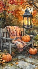 Autumnal Serenity Cozy Fall Bench Scene with Pumpkins and Lantern