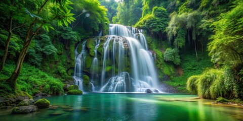 Fototapeta premium waterfall cascading through lush green forest scenery, water feature, greenery