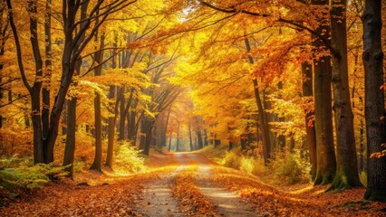 Forest path under golden autumn leaves,forest landscape,  forest landscape, woodland scene