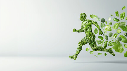Fototapeta premium A powerful athlete composed of green leaves, organic vegetables, and fresh fruits, sprinting forward with motion blur. A dynamic symbol of health, energy, and vitality.