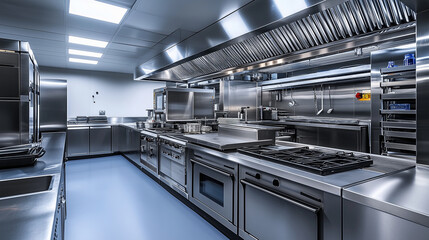 A professional industrial kitchen with stainless steel equipment, bright lighting, and a clean workspace. Perfect for restaurant, catering, and culinary industry designs.