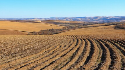 Obraz premium Serene Landscape of Rolling Hills and Stratified Agricultural Fields