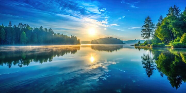 Softly glowing dreamy blue sun rises above a calm lake surface reflecting its serene beauty on the water's edge with lush greenery surrounding it, reflection, outdoor setting