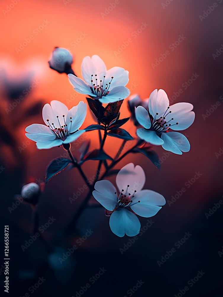 Poster White flowers blooming with soft lighting against an orange sunset background for use as background