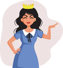 Smug Arrogant Privileged Lady Wearing Crown Vector Illustration. Self important narcissistic woman feeling like royalty 

