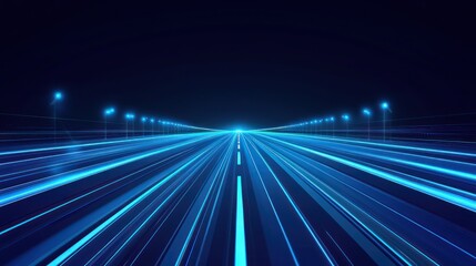 Obraz premium A futuristic highway illuminated by blue lights, showcasing a sense of speed and motion against a dark night sky