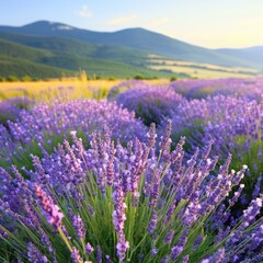 Fototapeta premium A vibrant field of lavender blooms under a clear sky, with rolling hills in the background, exuding tranquility and natural beauty.