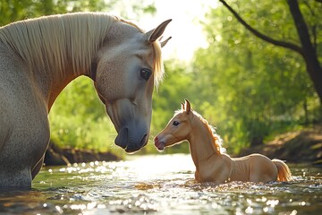 A picture-perfect moment of a mare watching over her frolicsome filly in a sparkling creek, showcasing joyful innocence.