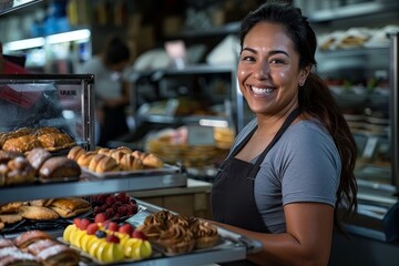 A woman is smiling and standing behind a counter with a variety of pastries