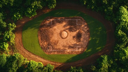 Fototapeta premium Aerial view of empty baseball field in forest at sunset, ideal for sports ads