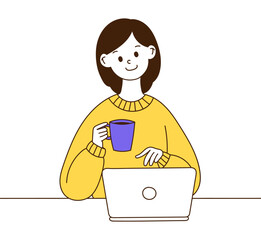 The woman holding the coffee and using the laptop.