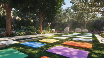 Yoga class in a serene outdoor setting, peaceful and