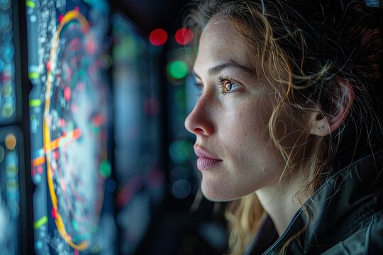 A woman is looking at a computer screen with a large circle on it - Powered by Adobe