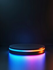 Minimalist black background for product display, illuminated with soft light and a gradient of colors on the circular podium
