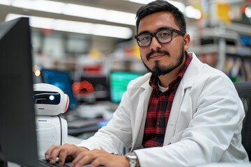 A man in a white lab coat is sitting at a computer with a robot in front of him