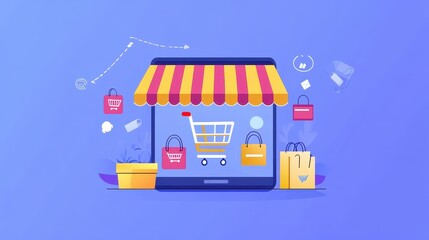 E-commerce platform flat design front view modern business theme cartoon drawing vivid. 