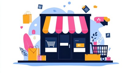 E-commerce platform flat design front view modern business theme cartoon drawing vivid. 
