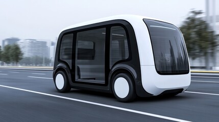 Futuristic autonomous vehicle cruising through a modern cityscape with sleek architecture and blurred urban background, showcasing innovation
