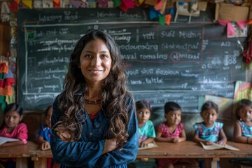 A woman stands in front of a blackboard with the word "education" written on it