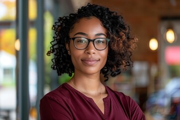 A woman with curly hair and glasses is smiling at the camera