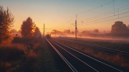 A serene sunrise over railway tracks surrounded by mist and trees.