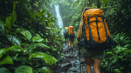 Backpackers exploring a dense jungle trail, with towering vines and the distant sound of waterfalls