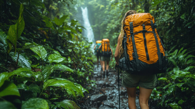 Backpackers exploring a dense jungle trail, with towering vines and the distant sound of waterfalls