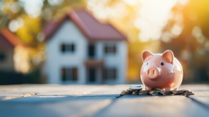 Piggy bank on coins with house in the background