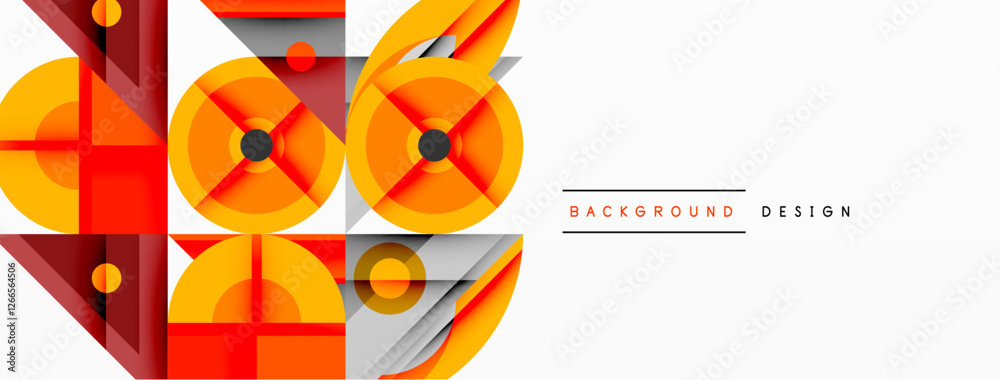 Poster Geometric abstract composition with intersecting shapes, circles, triangles, and gradients, blending vibrant colors and dynamic contrasts to create a modern, futuristic visual design
