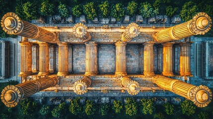 Aerial view of golden pillars, symmetrical design, surrounded by trees, architectural study