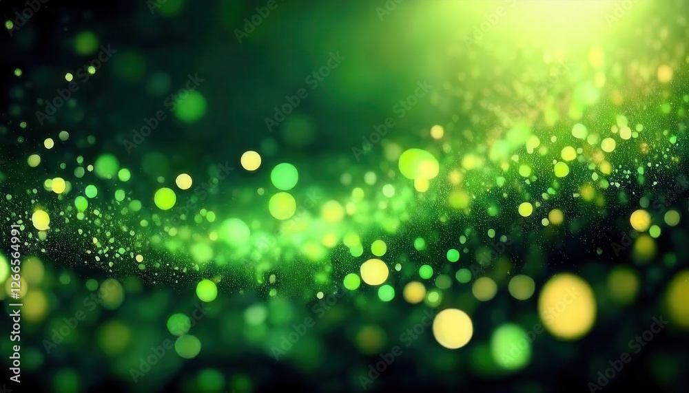 Poster glowing green bokeh background with soft light and yellow accents, abstract sparkles and blurred spo