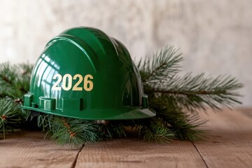 A New Year's card with a green construction helmet placed on a pine tree, with golden "2026" numbers shimmering on the tree's branches. 