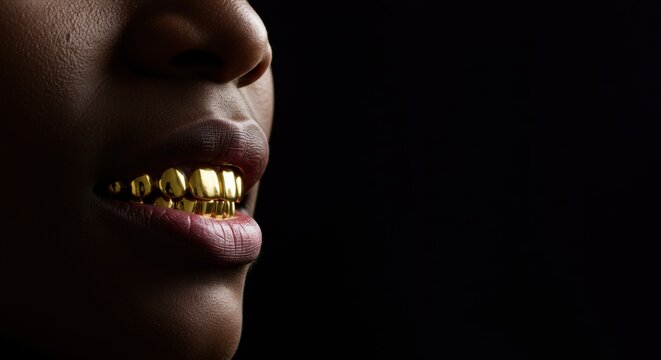 Close-up of a person's mouth showcasing shiny gold teeth grills against a dark background