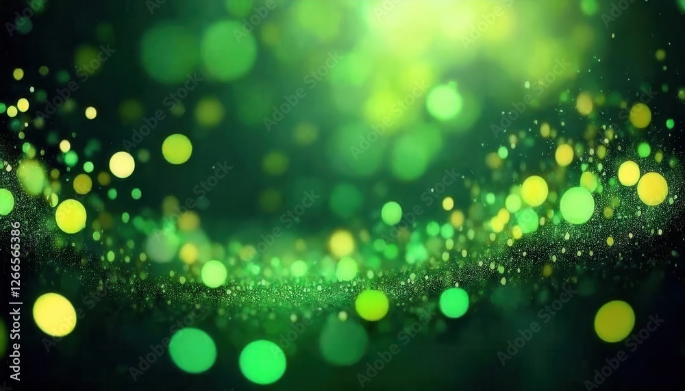 Poster glowing green bokeh background with soft light and yellow accents, abstract sparkles and blurred spo