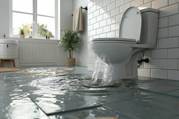 Toilet Overflow Causing Water Damage In A Tiled Bathroom. Water Damage And