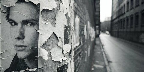 Urban Fragmentary Portrait On Damaged Advertisement Displayed On City Brick